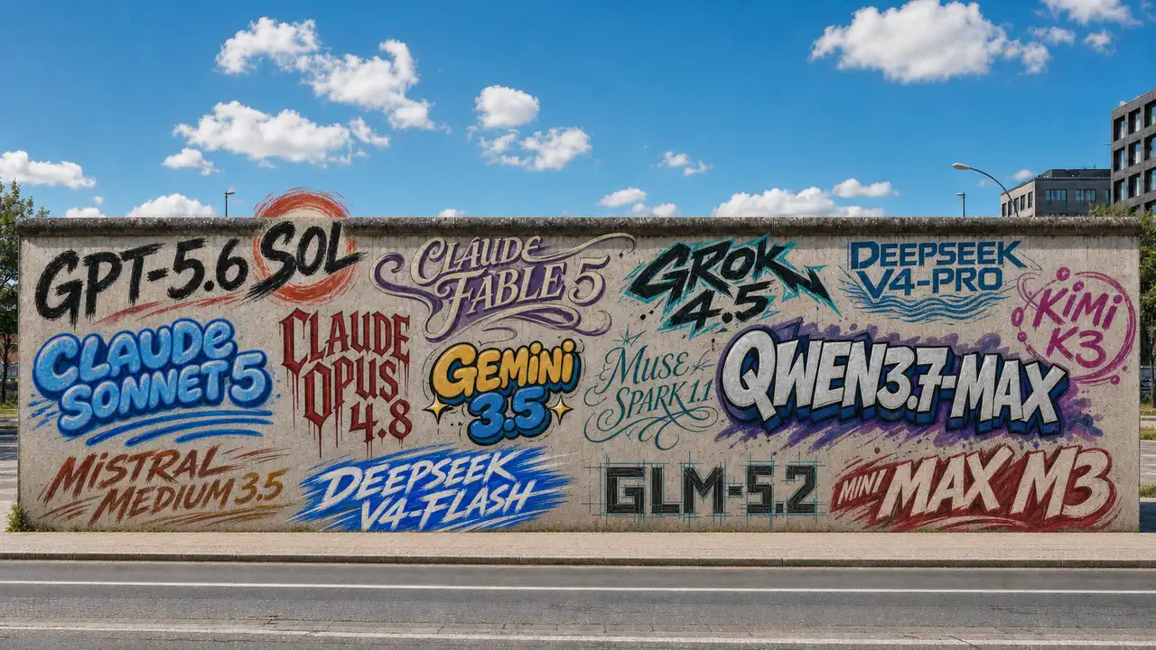 A sunny Berlin street wall painted with the names of current AI models