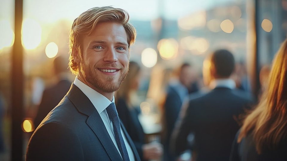 A bustling professional networking event in a sleek ai generated