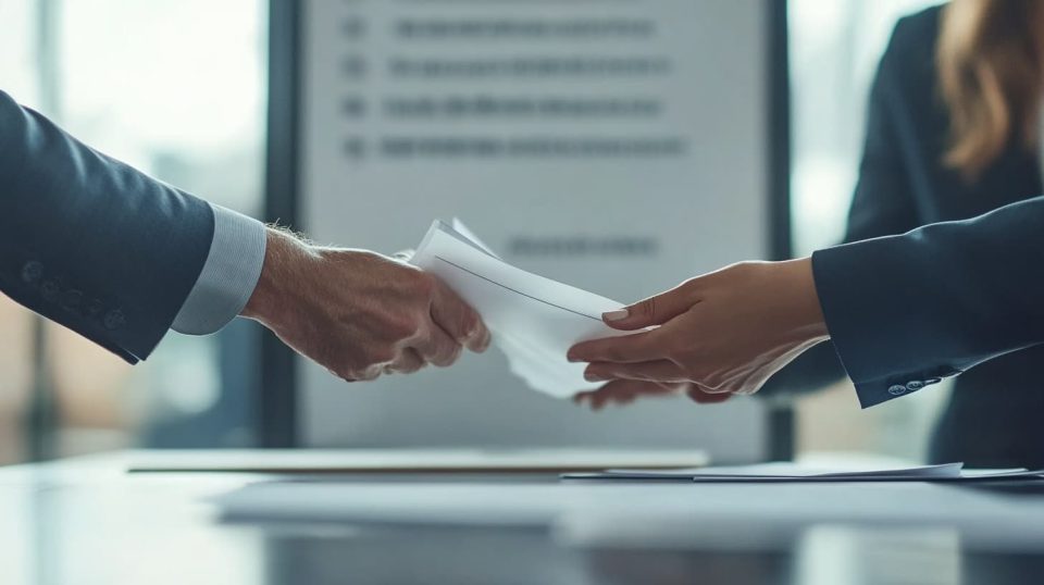 A close-up shot of two individuals exchanging documents during a negotiation. ai generated