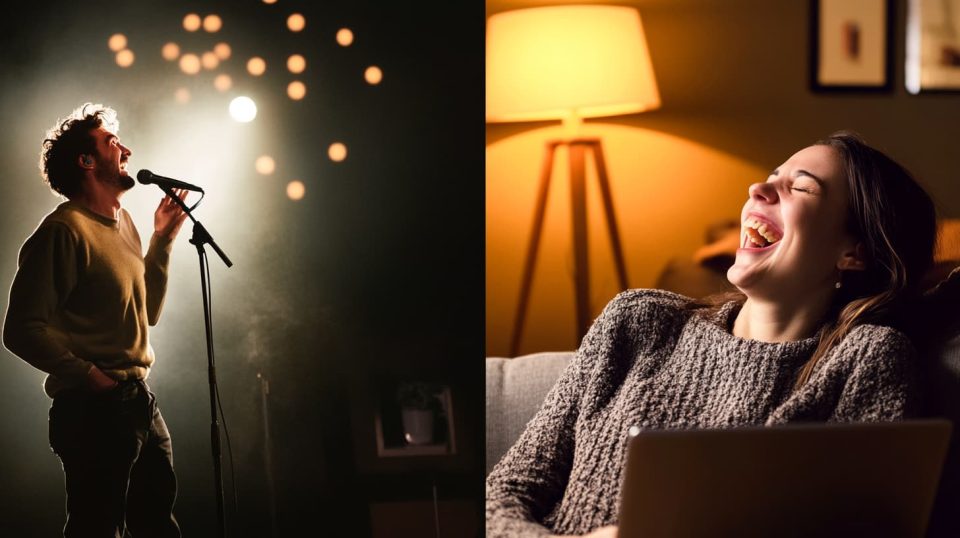 A comedian on stage with a bright spotlight, laughing with an audience in front of them. ai generated