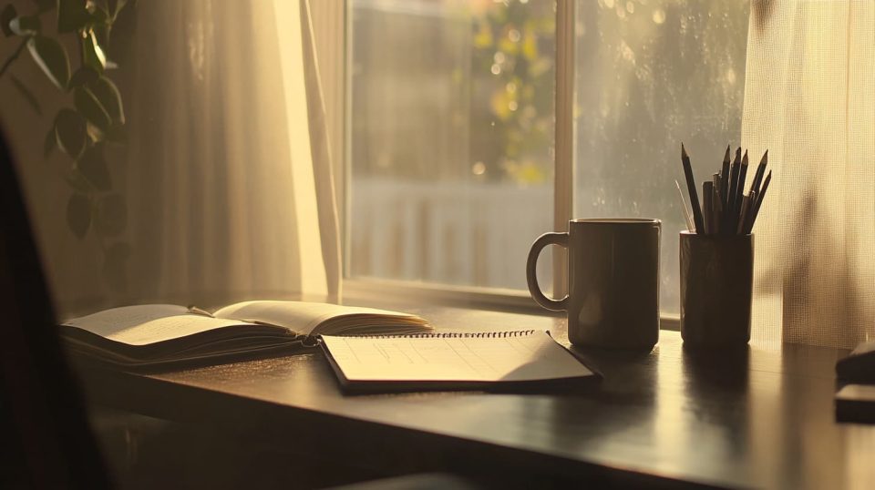 A cozy, organized study desk with a planner, coffee mug, and a notebook in a serene home setting, with sunlight streaming through a window. ai generated