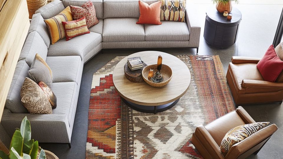 A modern living room featuring a carefully arranged sectional sofa. ai generated