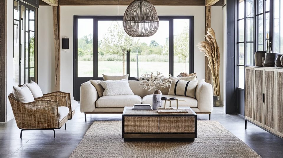 A modern living room with stylish soft furnishings, affordable pendant lighting. ai generated