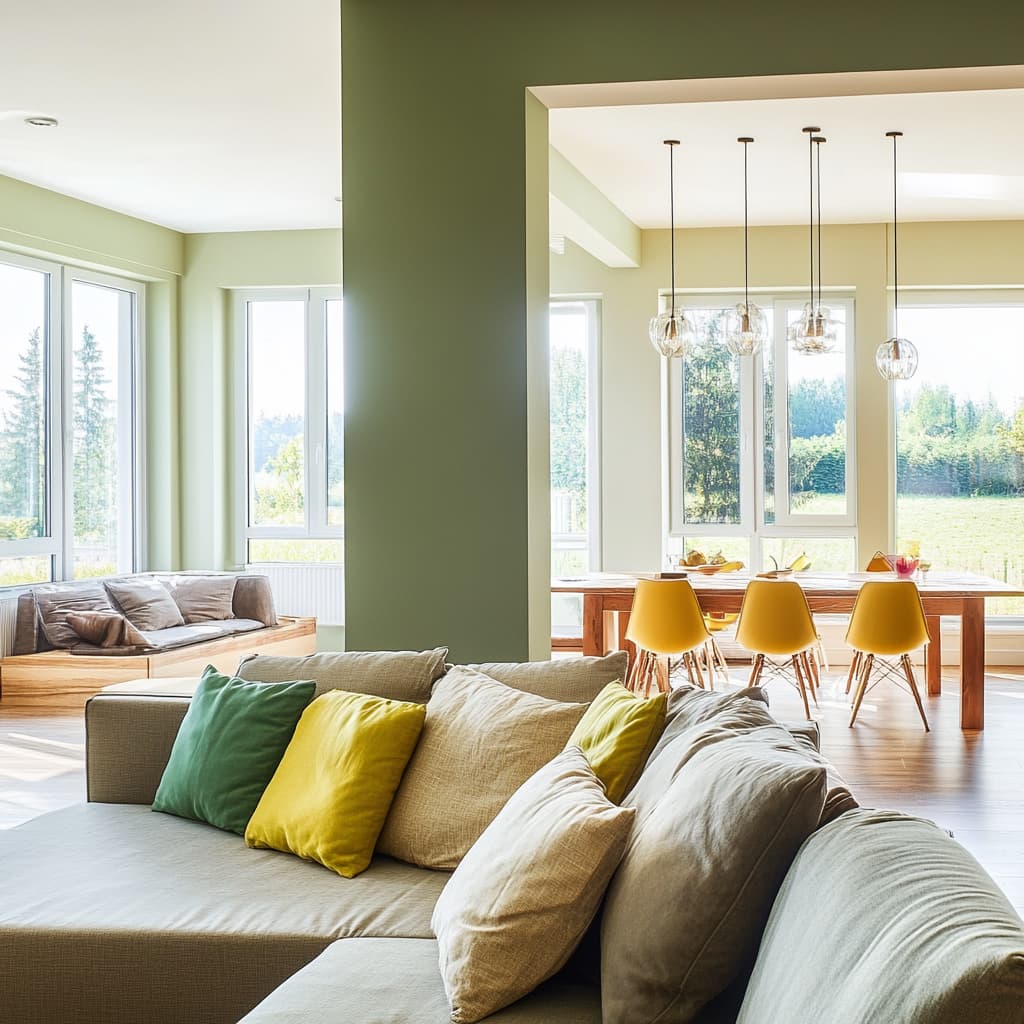 A modern, open-concept interior featuring a harmonious blend of colors