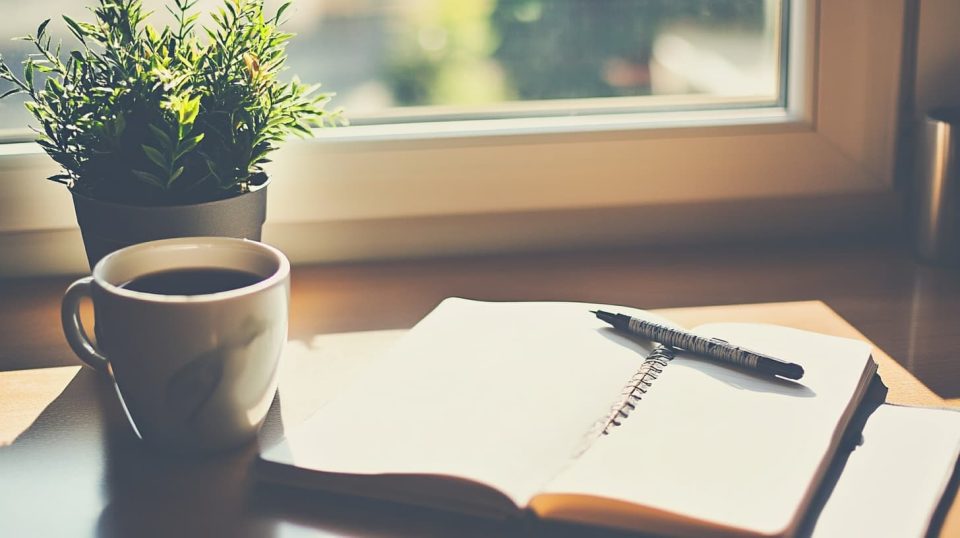 A neat workspace with an open notebook displaying organized, blank sections, paired with a pen