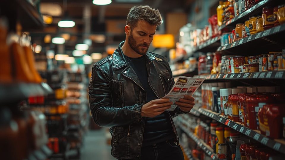 A person browsing material options in a hardware store, holding a price tag against a piece of wood or paint can. ai generated