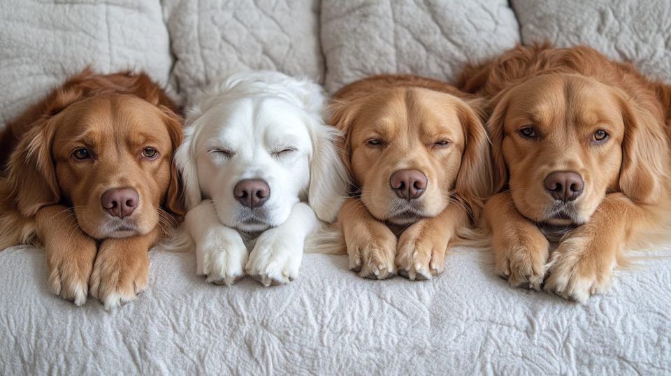 A pet owner holding a tablet while checking pet care routines, surrounded by their happy pets. ai generated