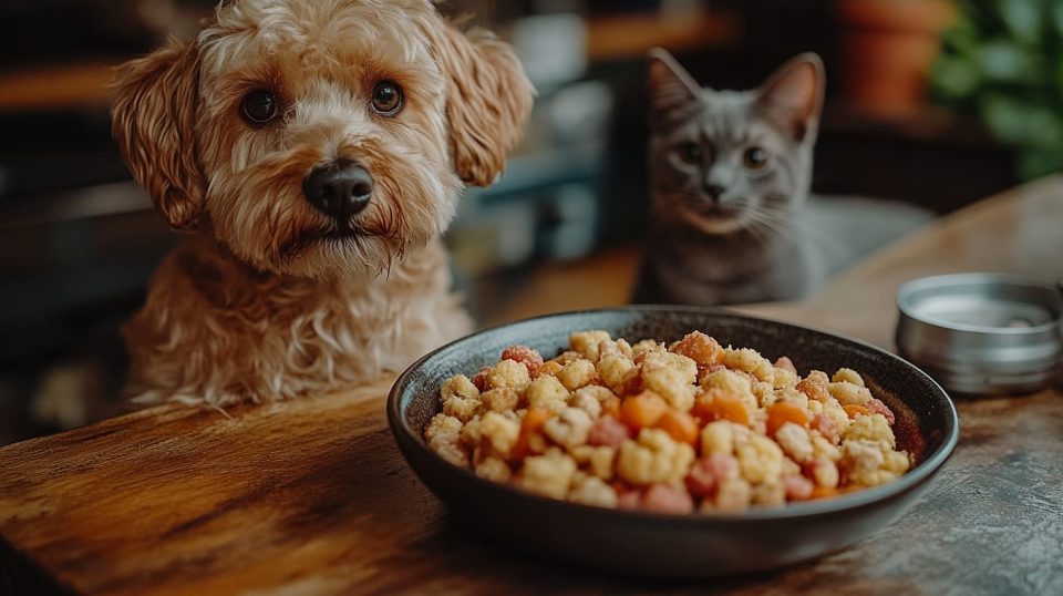 A pet owner preparing a bowl of pet food on a clean kitchen counter ai generated