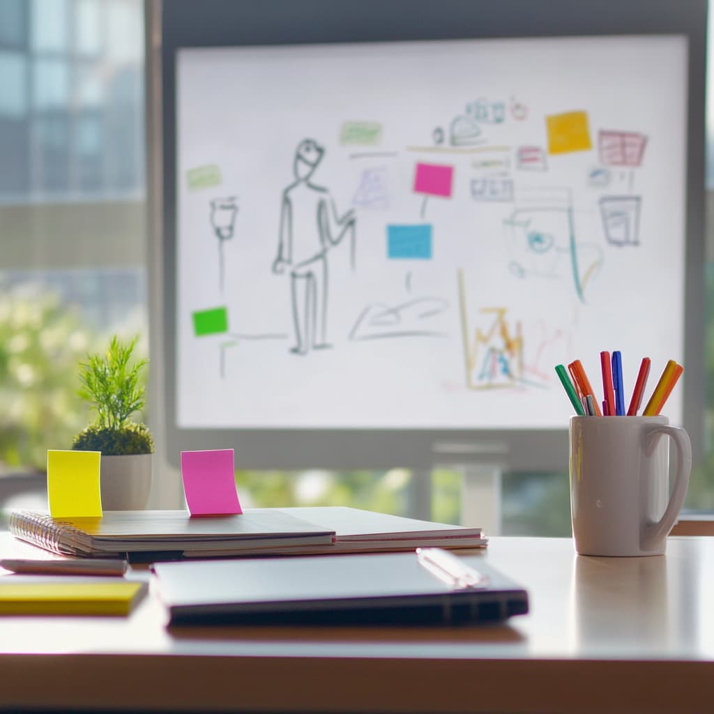 A professional workspace scene showing a close-up of an organized desk with items like a notebook,