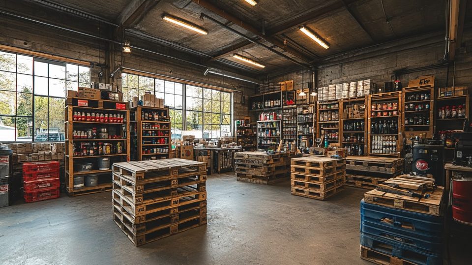 A reclaimed materials project in progress, such as turning old pallets into furniture, with tools and materials scattered around. ai generated
