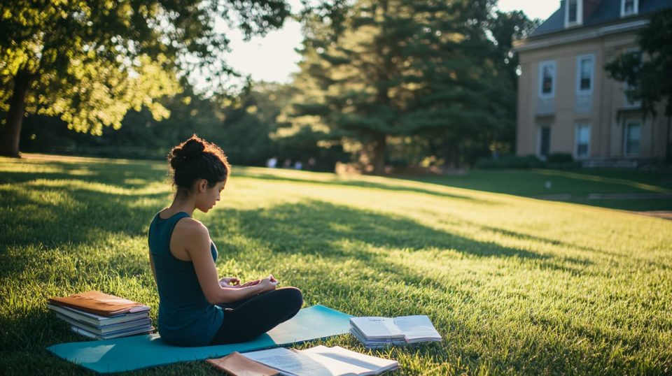 A serene outdoor setting with a student practicing mindfulness on a yoga mat, with books and notes placed nearby. ai generated