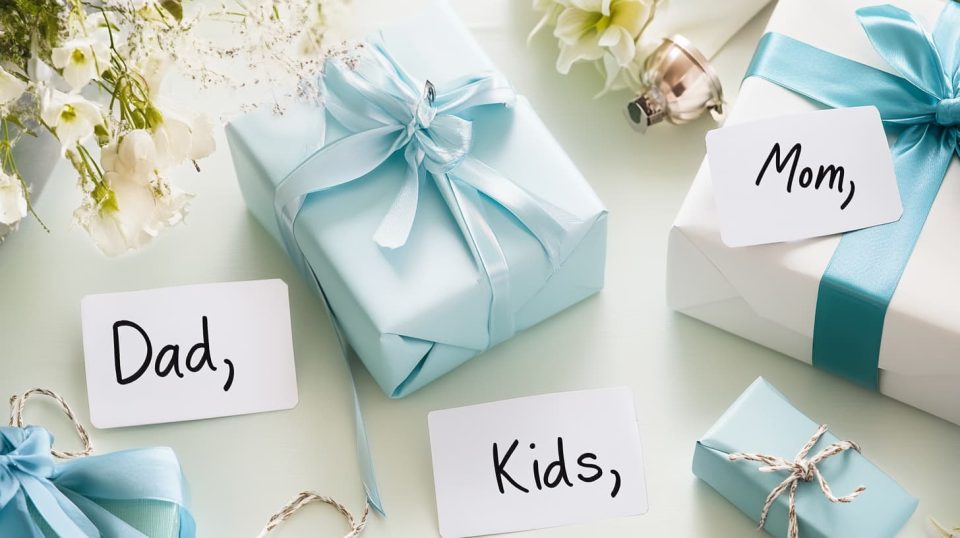 A set of wrapped gifts labeled for "Mom," "Dad," and "Kids," placed neatly on a table with handwritten tags and bows.