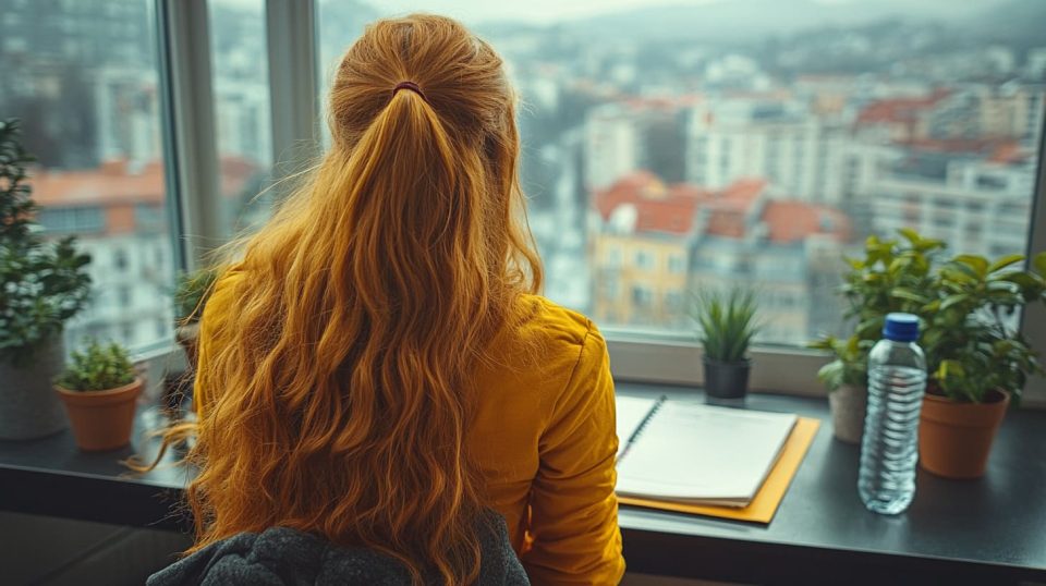 A student stretching by a window, with a desk in the background showing study materials, a water bottle, and a small plant ai generated