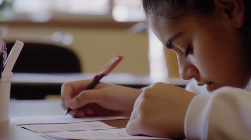 A student using flashcards and testing themselves, at a table. ai generated