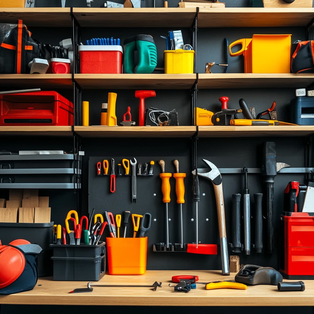 A vibrant and organized DIY workspace set in a well-lit garage or home workshop. ai generated