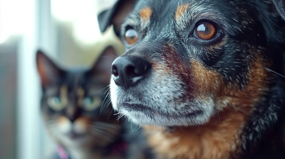 A warm and cozy home setting with a happy pet owner sitting on a couch with their dog and cat ai generated