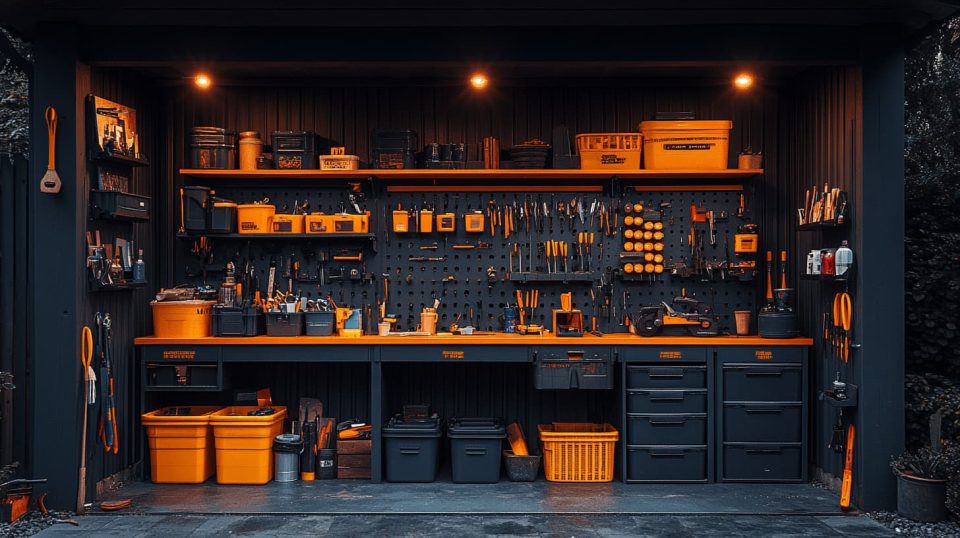 Shelves stocked with labeled storage bins, tools, and materials like wood, fabric, and paint. ai generated