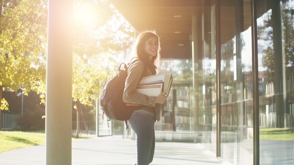 smiling student walking confidently out of a library, holding a backpack and books ai generated